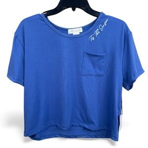 Happily Grey Blue T-Shirt Size S Embroidered Tis the Season Crop Short Sleeves